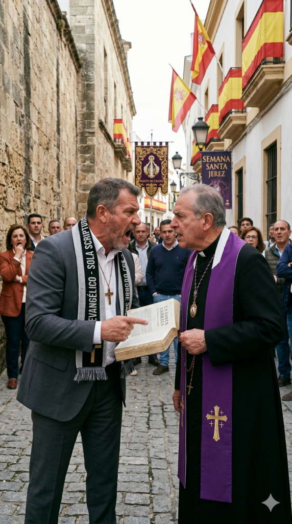 Pastor evangelista discutiendo con un sacerdote católico delante de un templo católico durante una procesión de semana santa en Andalucía.