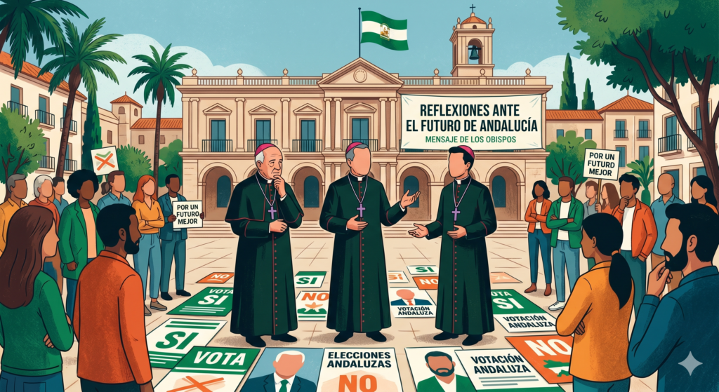 Obispos andaluces en una plaza de un pueblo, hablando sobre las elecciones andaluzas.