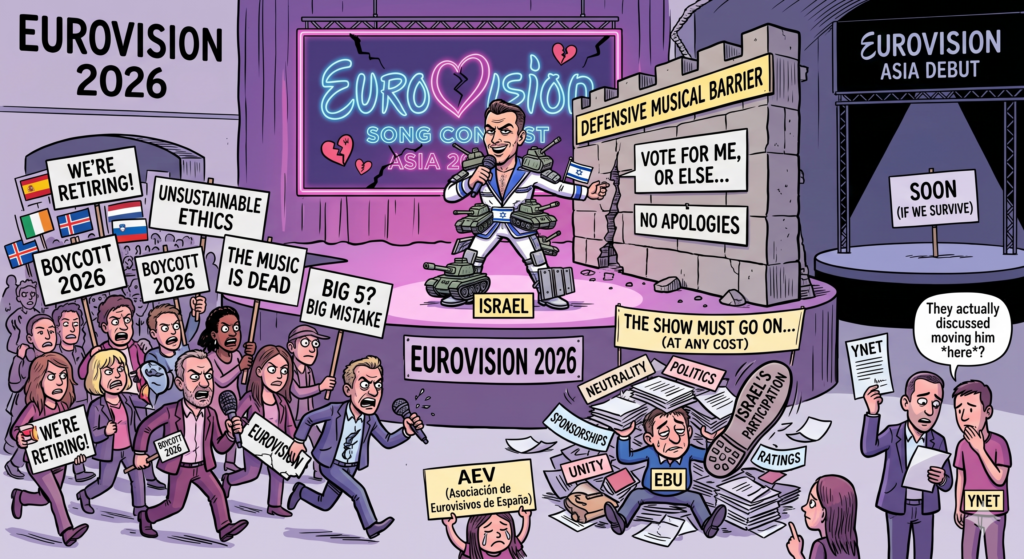 La imagen muestra a muchos eurofans manifestándose contra la presencia de Israel en el Festival de Eurovisión mientras el cantante israelí cargado de tanques de juguete actúa.